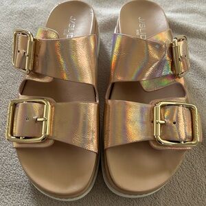 J/Slides Metallic Gold Slide Sandals with Gold Buckles Size 6 NWT